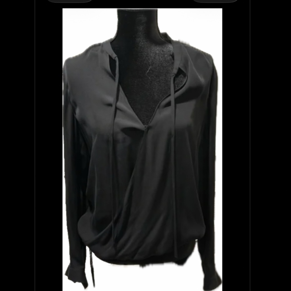 NWOT Haute Hippie Long Sleeve Tie Details Black Blouse  100% Silk XS